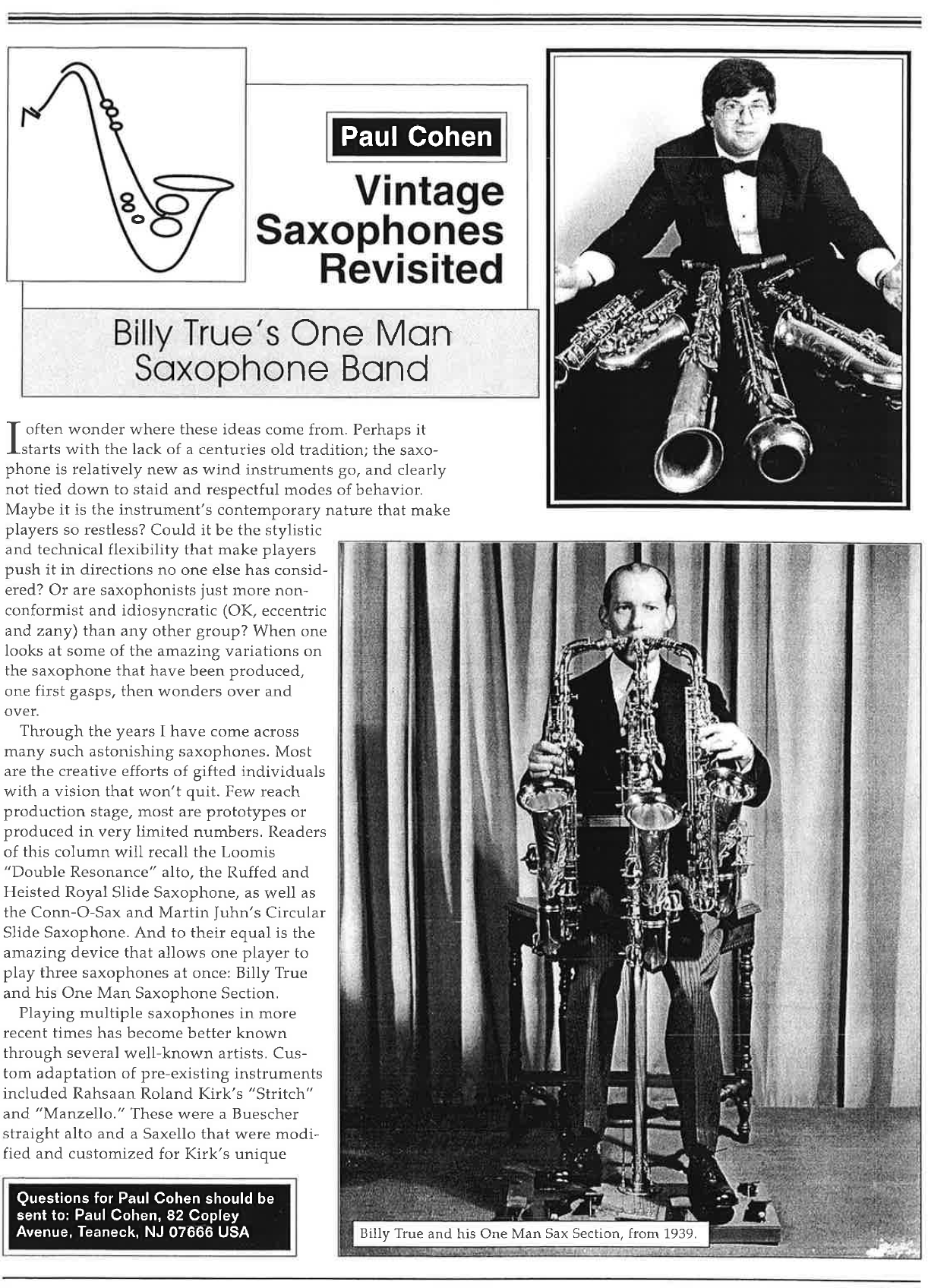“Billy True’s One Man Saxophone Band” By Paul Cohen